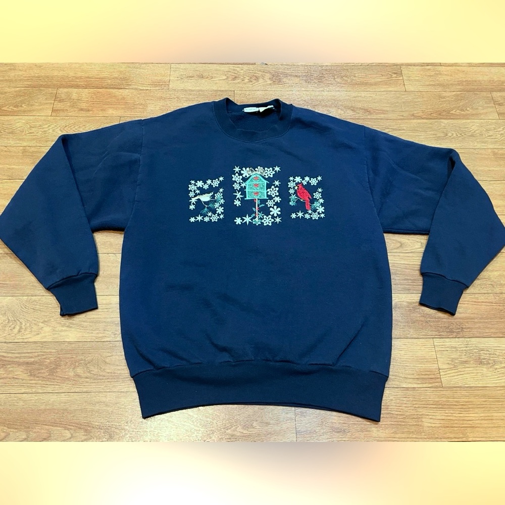 Vintage Embroidered Holiday Christmas Sweatshirt Womens Medium Navy Blue